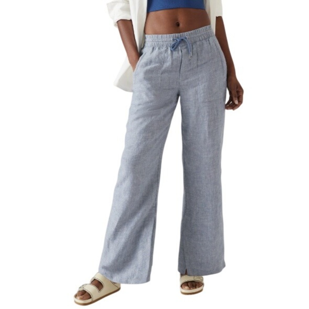 Athleta Womens Retreat Linen High Rise Wide Leg Pants 8 Tall Blue Coastal Resort